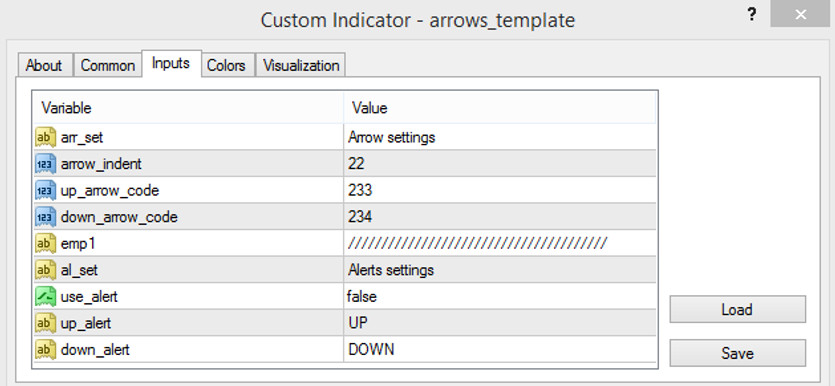 The Arrows Template indicator settings